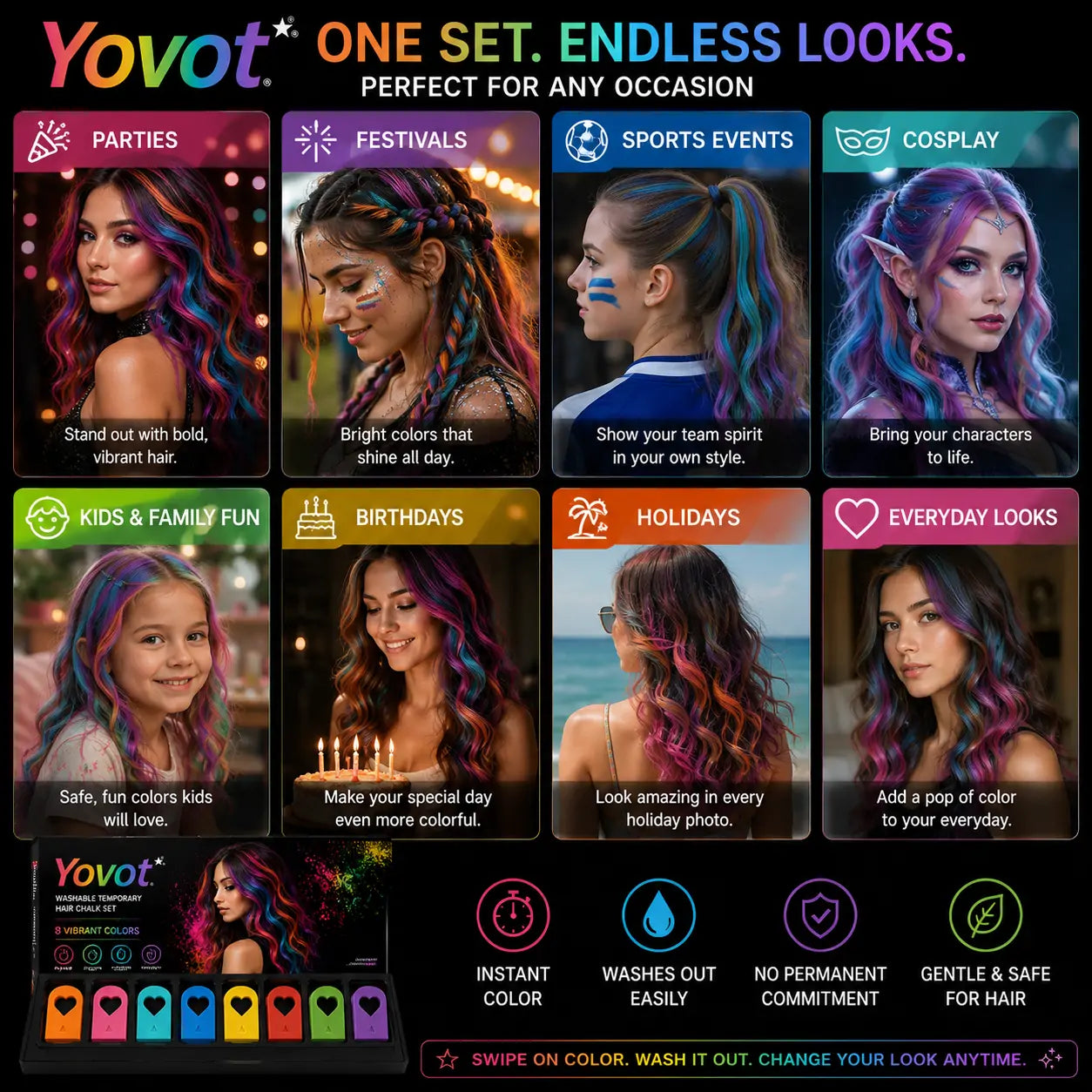 Yovot®  Washable Temporary Hair Chalk Set - Portable