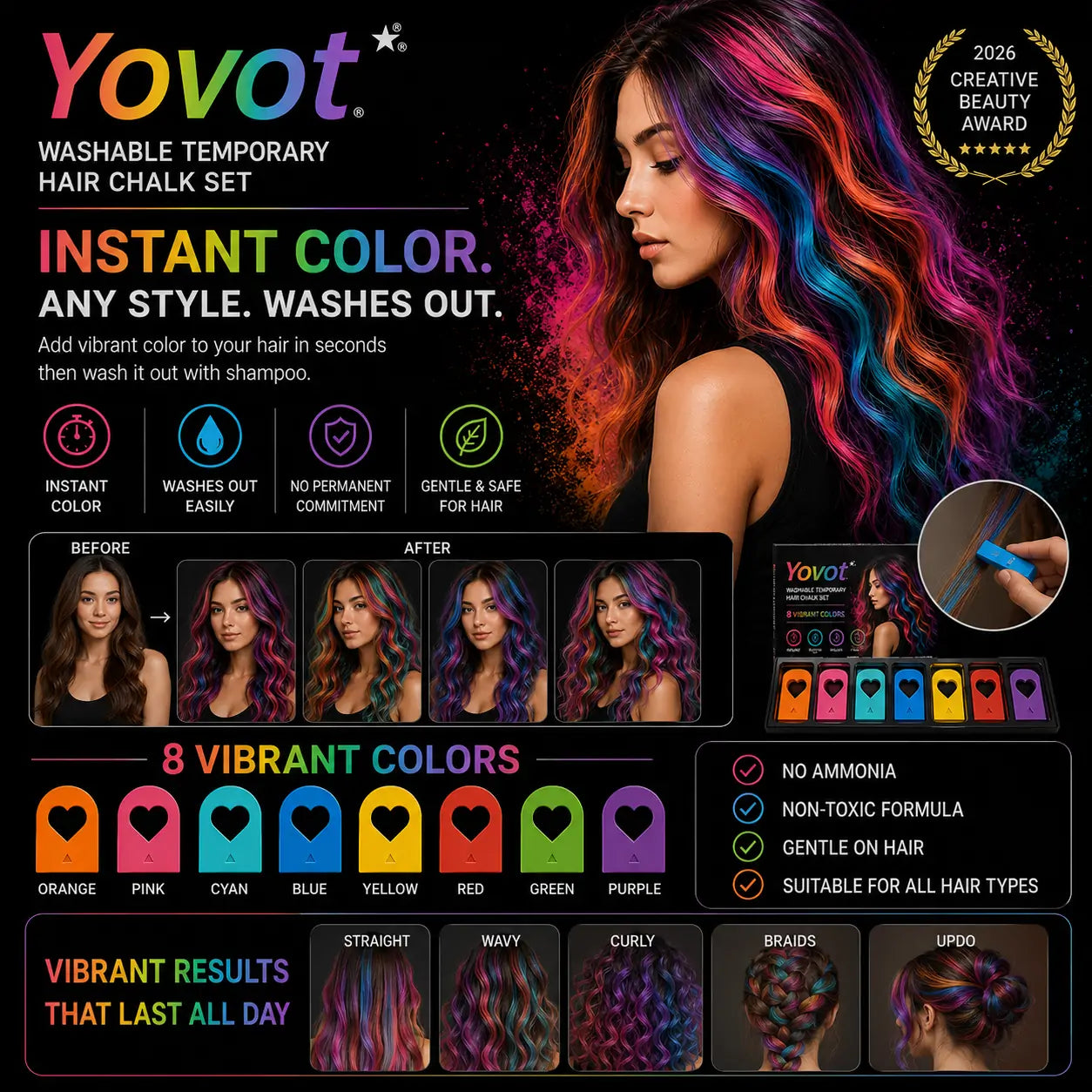 Yovot®  Washable Temporary Hair Chalk Set - Portable